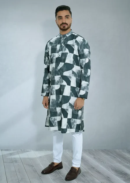 Printed Grey Blue Allover Crack Panjabi